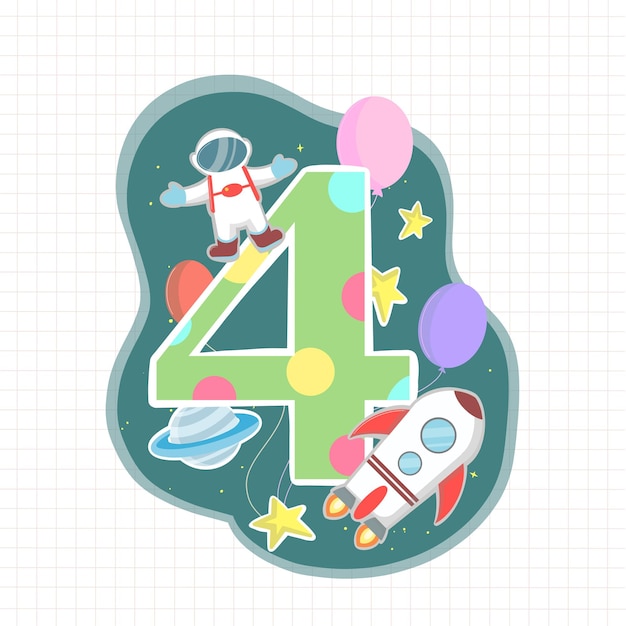 PSD green happy birthday number four with astronaut rocket and saturn