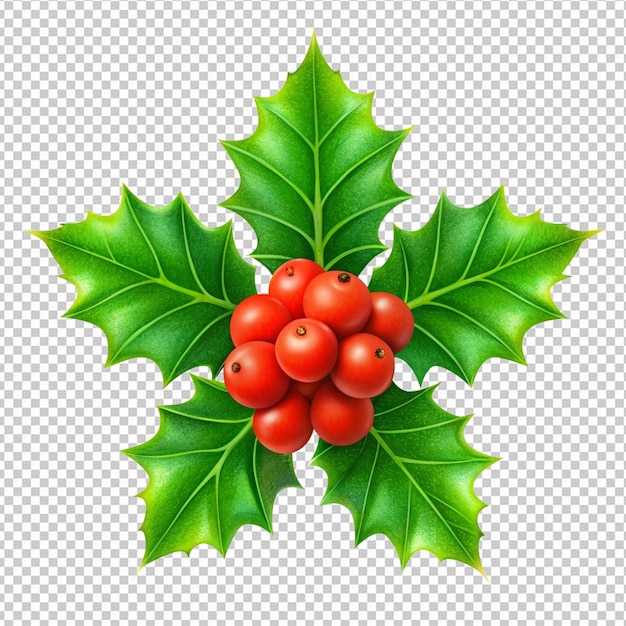 PSD green holly and red berries for christmas decoration with transparent background