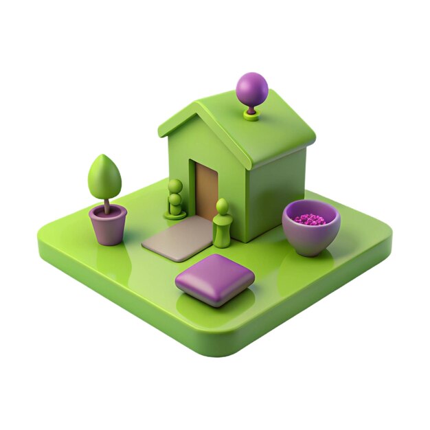 PSD a green house with a green roof and purple boxes on the ground