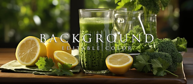 green juice in a glass cup with green juice in a blender on the kitchen table