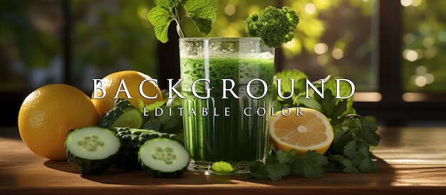 green juice in a glass cup with green juice in a blender on the kitchen table