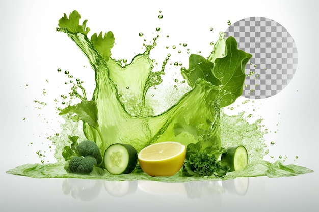 Green juice splash with green fruits on transparent background