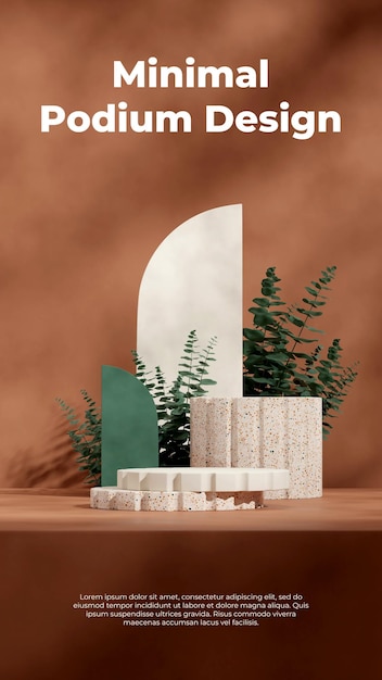 green leaf and white backdrop rendering 3d mockup template terrazzo texture podium in portrait