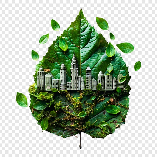 PSD a green leaf with city on it isolated on transparent background