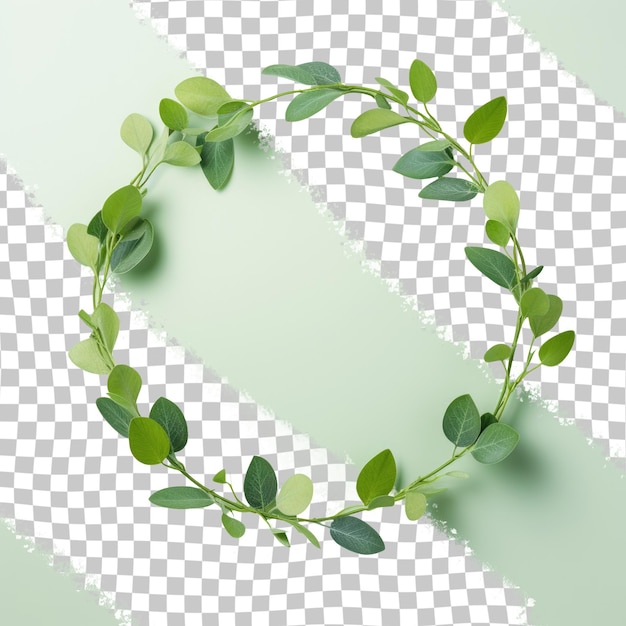 A green leaf wreath on transparent background reminiscent of a floral art piece