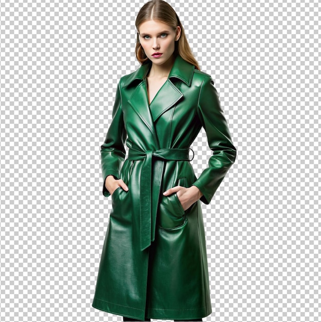 PSD green leather trench coat for women