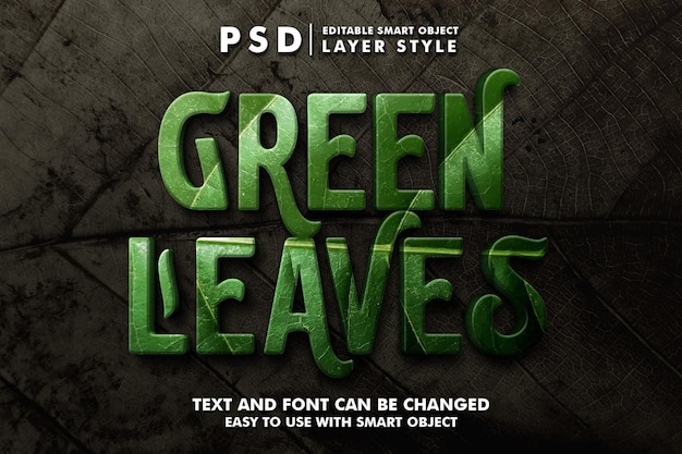 Green leaves 3d realistic text effect premium psd with smart object