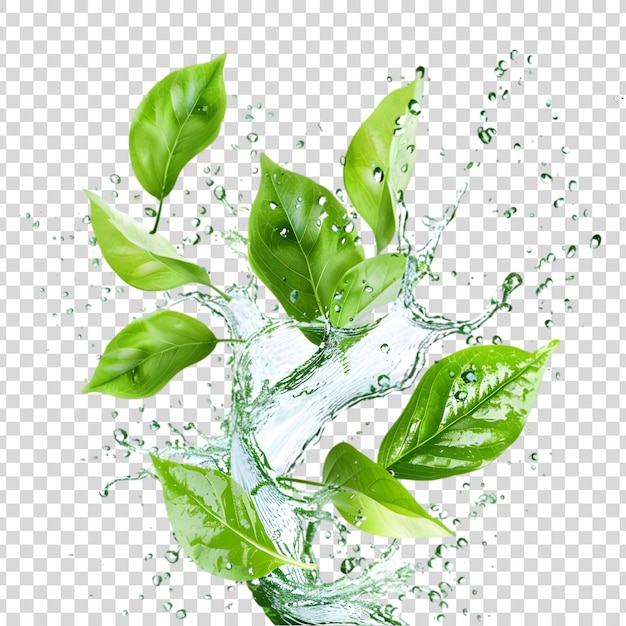 Green leaves with water splash isolated on a transparent background