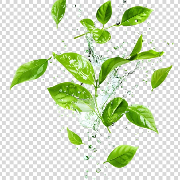 PSD green leaves with water splash isolated on a transparent background