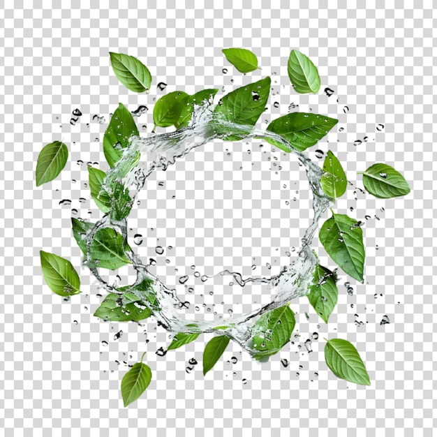 PSD green leaves with water splash isolated on a transparent background