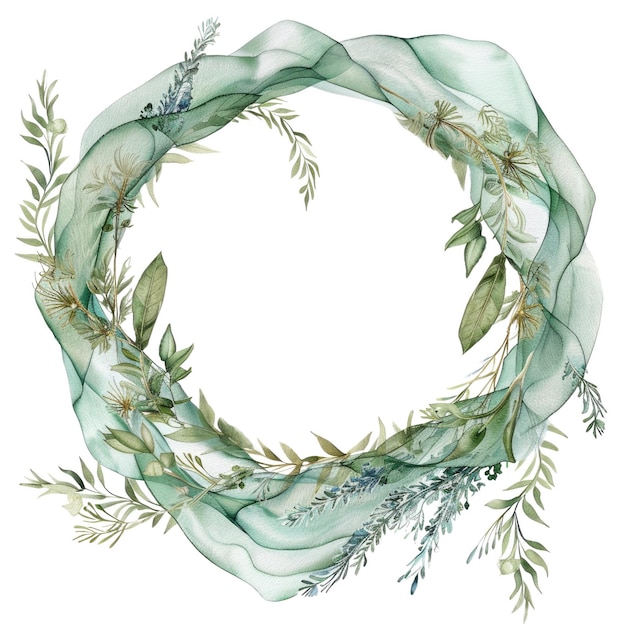 Green leaves wreath isolated on white background Watercolor artwork AIG56