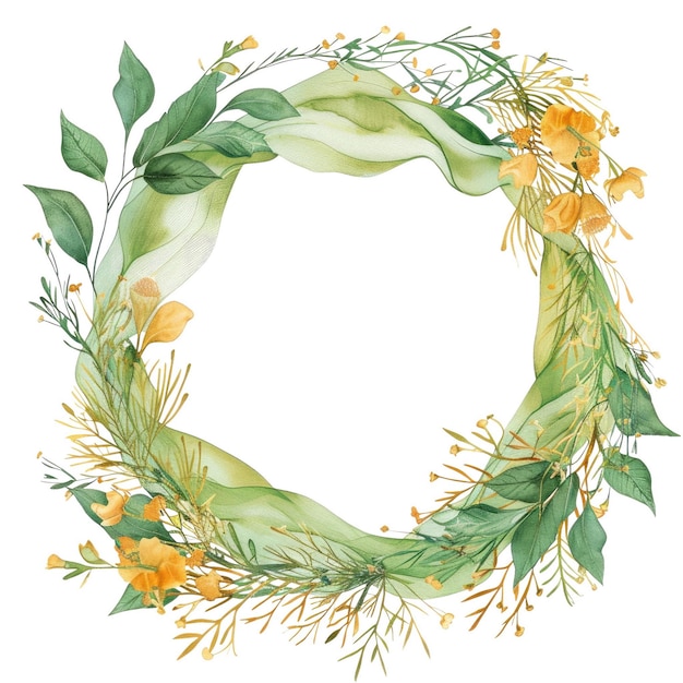 Green leaves wreath isolated on white background Watercolor artwork AIG56