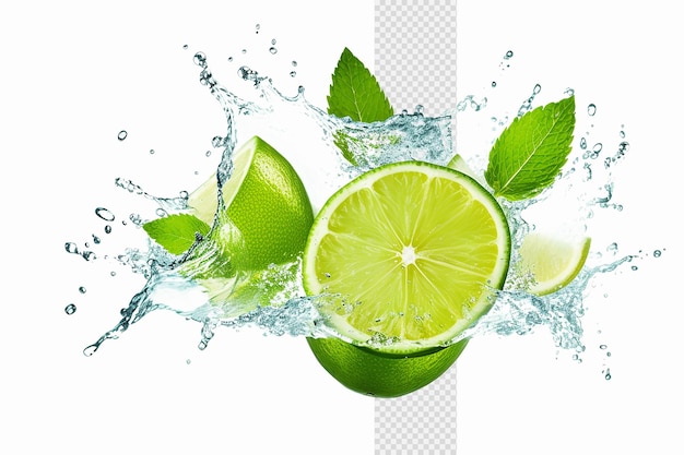 Green Lemon and water splash on transparent background