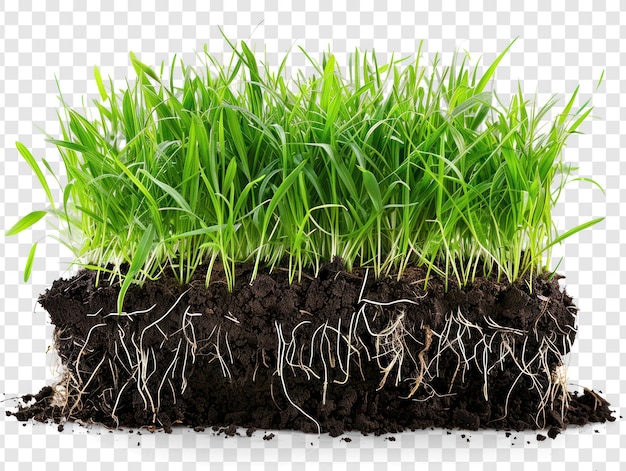 PSD green meadow grass with roots in black soil on transparency background psd