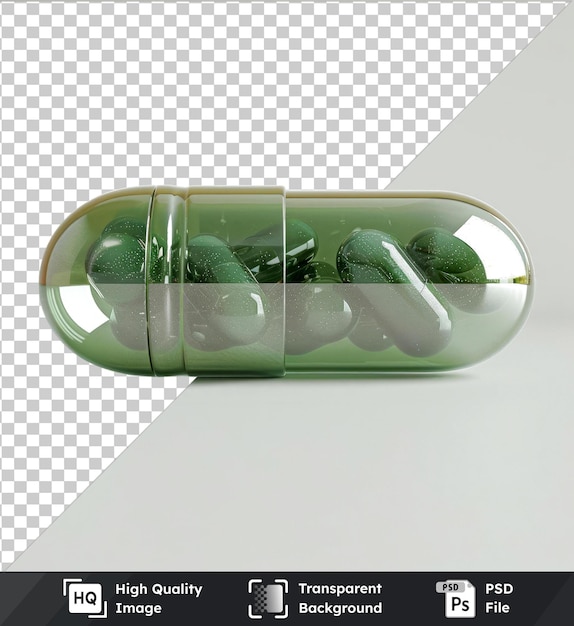 PSD green medicaticapsules mockup in a glass container on a transparent background against a white wall with a black shadow in the foreground