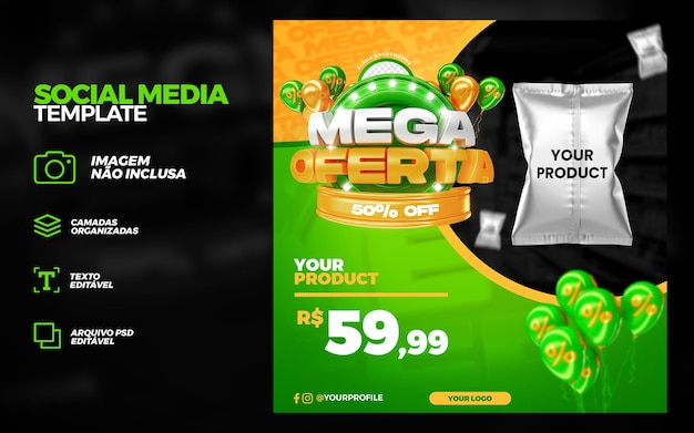 Green Mega Offer Promotion Social Media Post Mockup Template