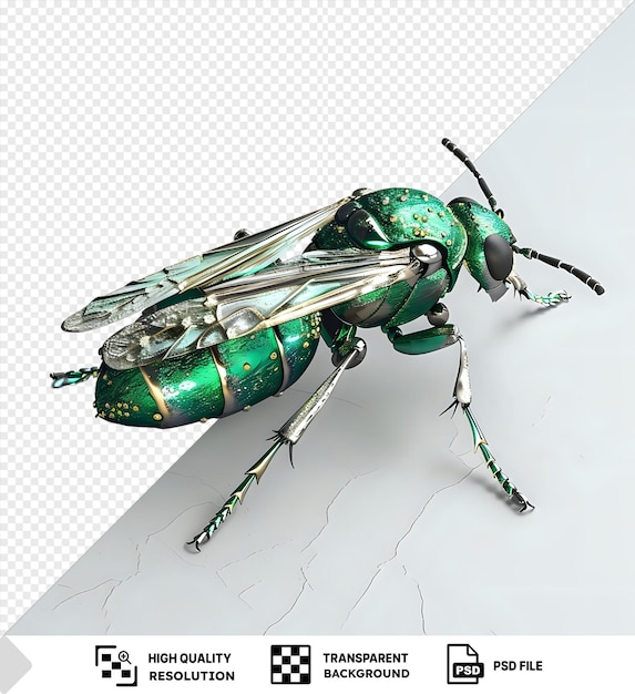 PSD a green metallic bee with golden accents on a white background isolated transparent