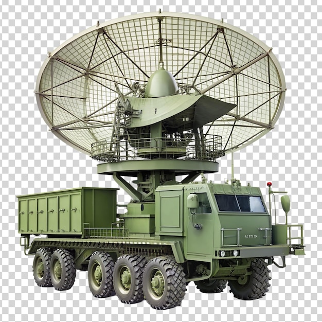 A green military vehicle with a large antenna on transparent background