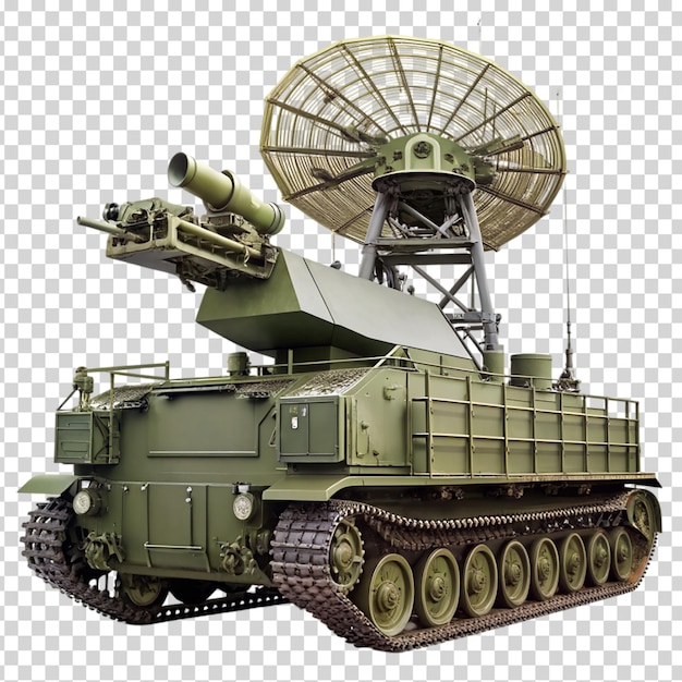 A green military vehicle with a large antenna on transparent background