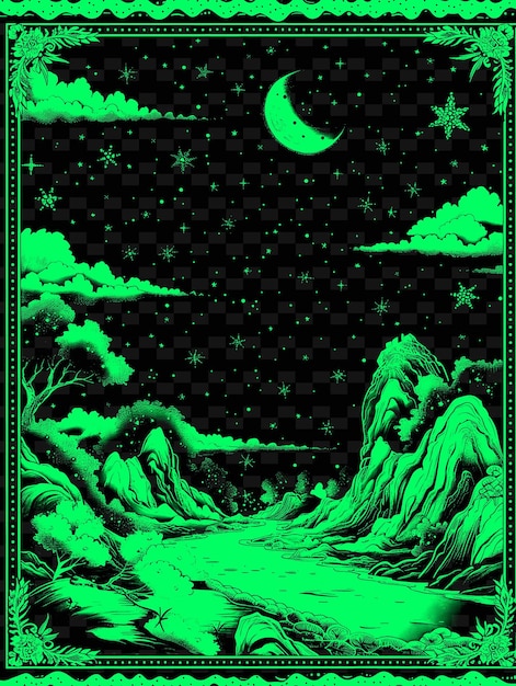 a green moon over a mountain landscape