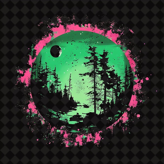 a green moon and trees are in a circle