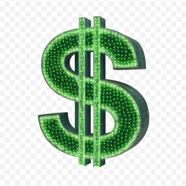 green neon dollar sign with green lights on a transparent background