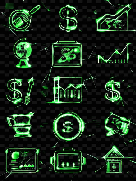 a green neon sign of financial and business icons on a black background