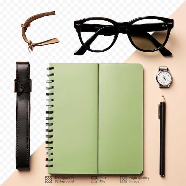 a green notebook with a watch on it and a watch on the left