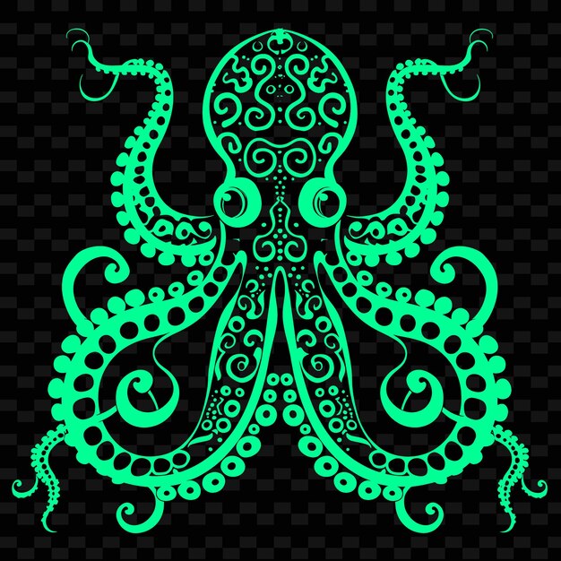 a green octopus with a pattern on a black background