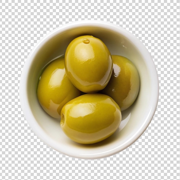 Green olives on white bowl top view isolated on transparent background