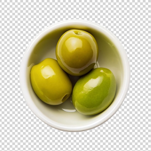 Green olives on white bowl top view isolated on transparent background