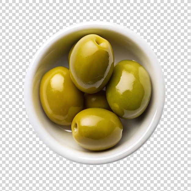 Green olives on white bowl top view isolated on transparent background