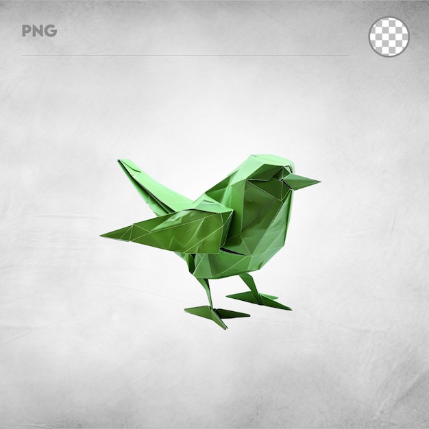 a green origami bird on a white background