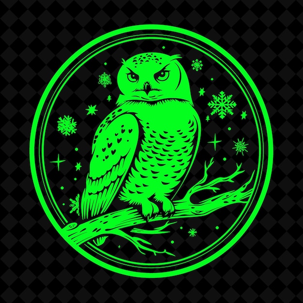 a green owl with a green background with snowflakes and stars