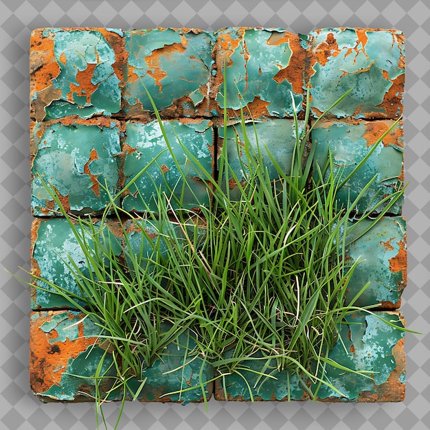 a green patch of grass is growing in a square of bricks