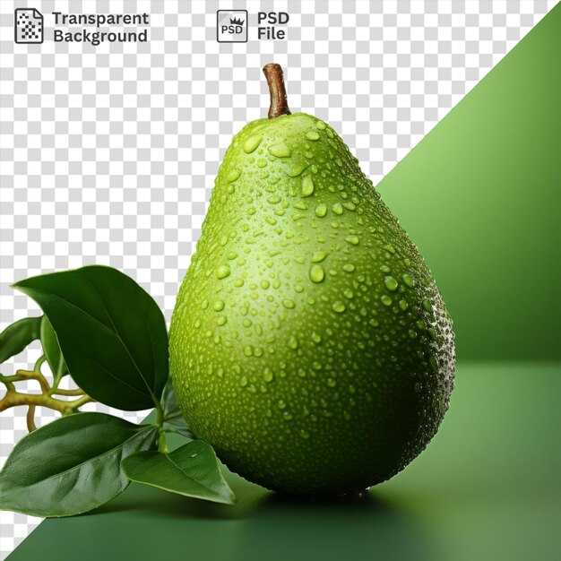 a green pear with a brown stem sits on a green table surrounded by green leaves