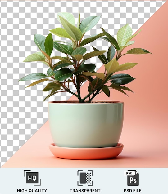 a green plant in a white pot sits on a pink table surrounded by lush green leaves