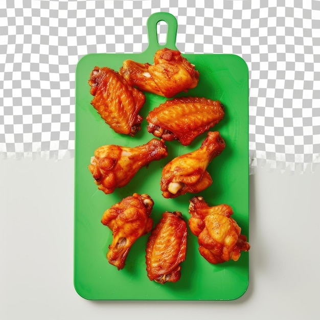 a green plastic tray with a green plastic bag that says chicken on it