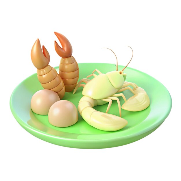 a green plate with a crayfish on it and a crab on the plate