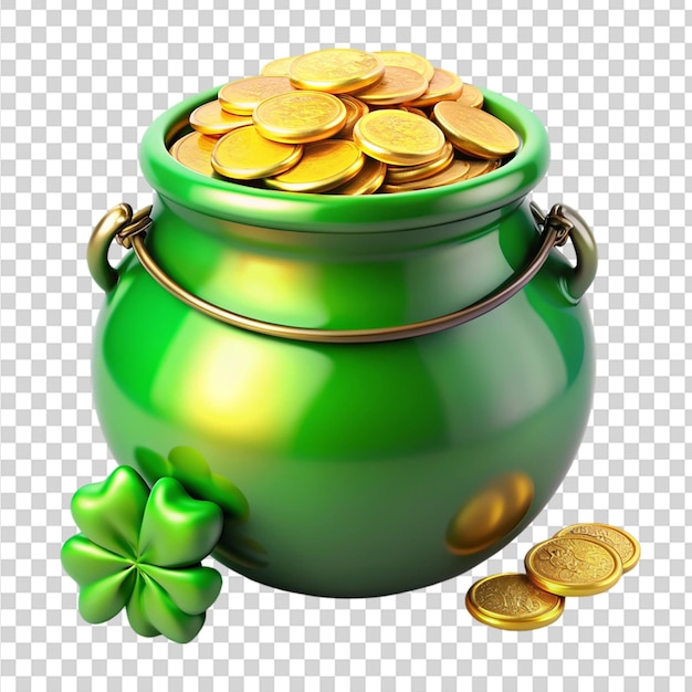 PSD a green pot filled with gold coins on transparent background