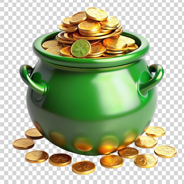 A green pot filled with gold coins on transparent background