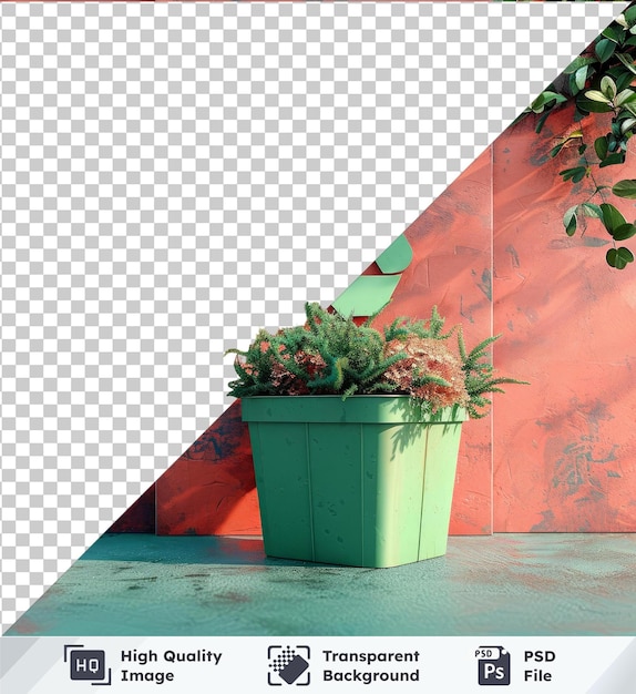 Green recycling sign mockup on red and orange wall with green plant in foreground