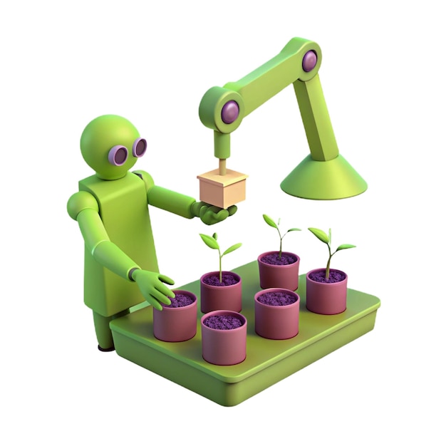 PSD a green robot with a green robot holding a plant