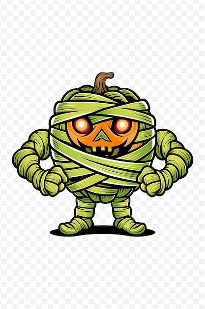 a green robot with a mask of a pumpkin on his head