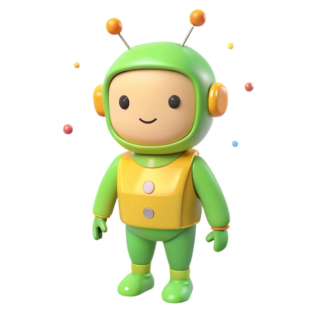 a green robot with a yellow suit and the word robot on it