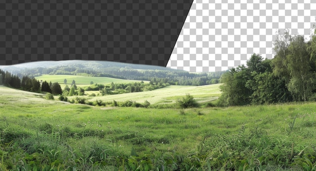 Green rolling hills and lush meadows in a tranquil rural landscape on transparent background stock png