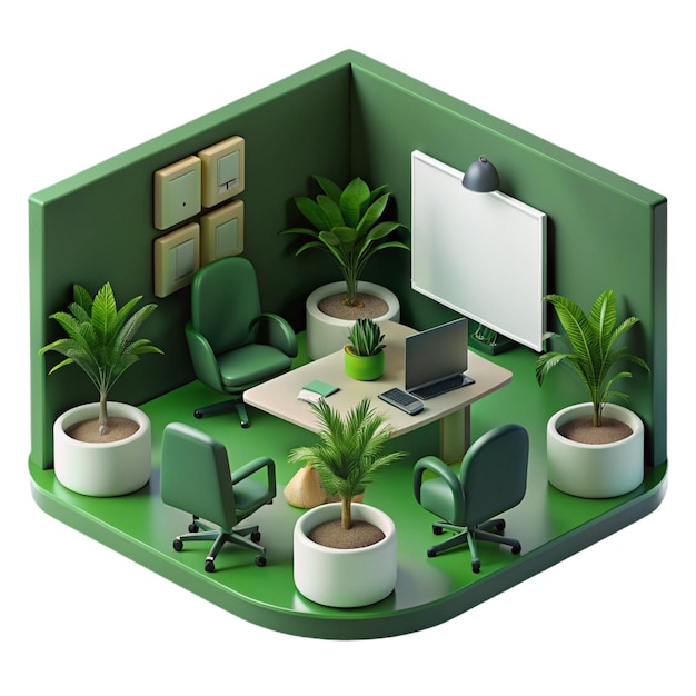 PSD a green room with a green plant and a tv on the top