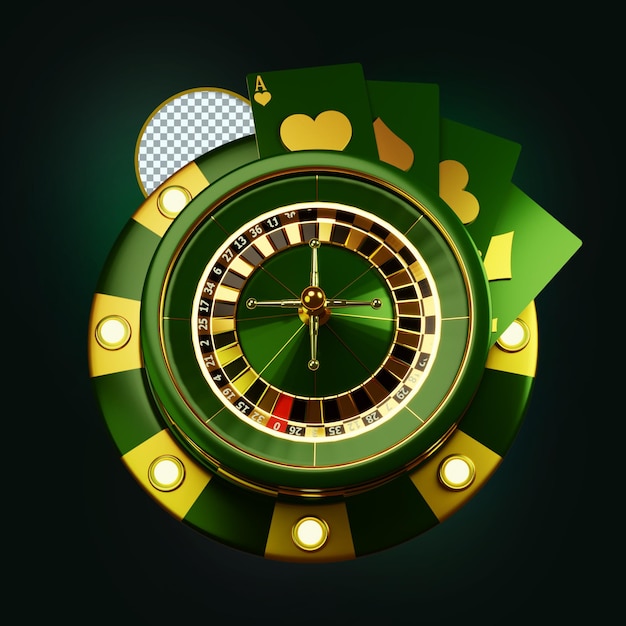 The Green Roulette, Card and Chip Casino Poker Composition  3D Render, Design Element,