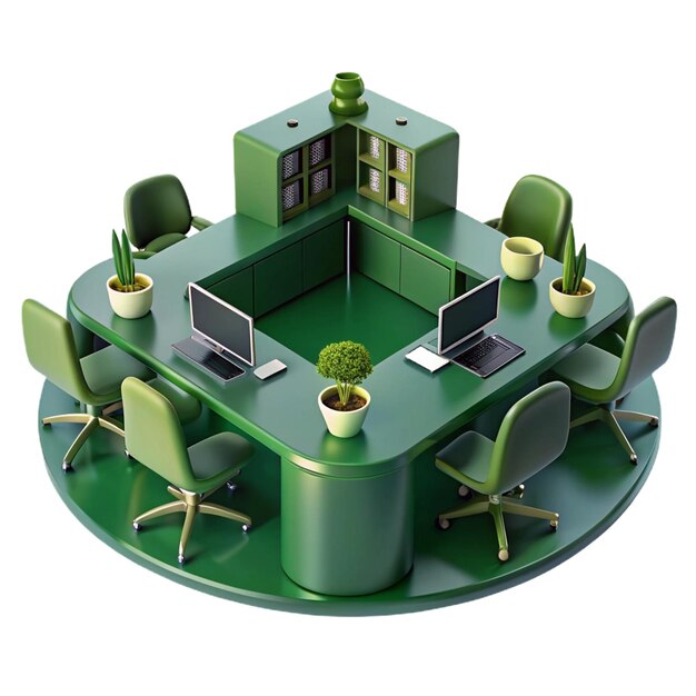 PSD a green round table with chairs and a computer on it