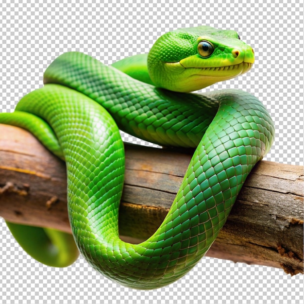 PSD green snake on a tree branch transparent background